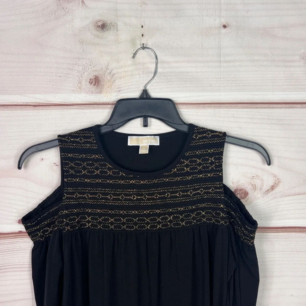 Michael Kors Top‎ Womens M Black Cold Shoulder Blouse Smocked Neck Jersey Knit